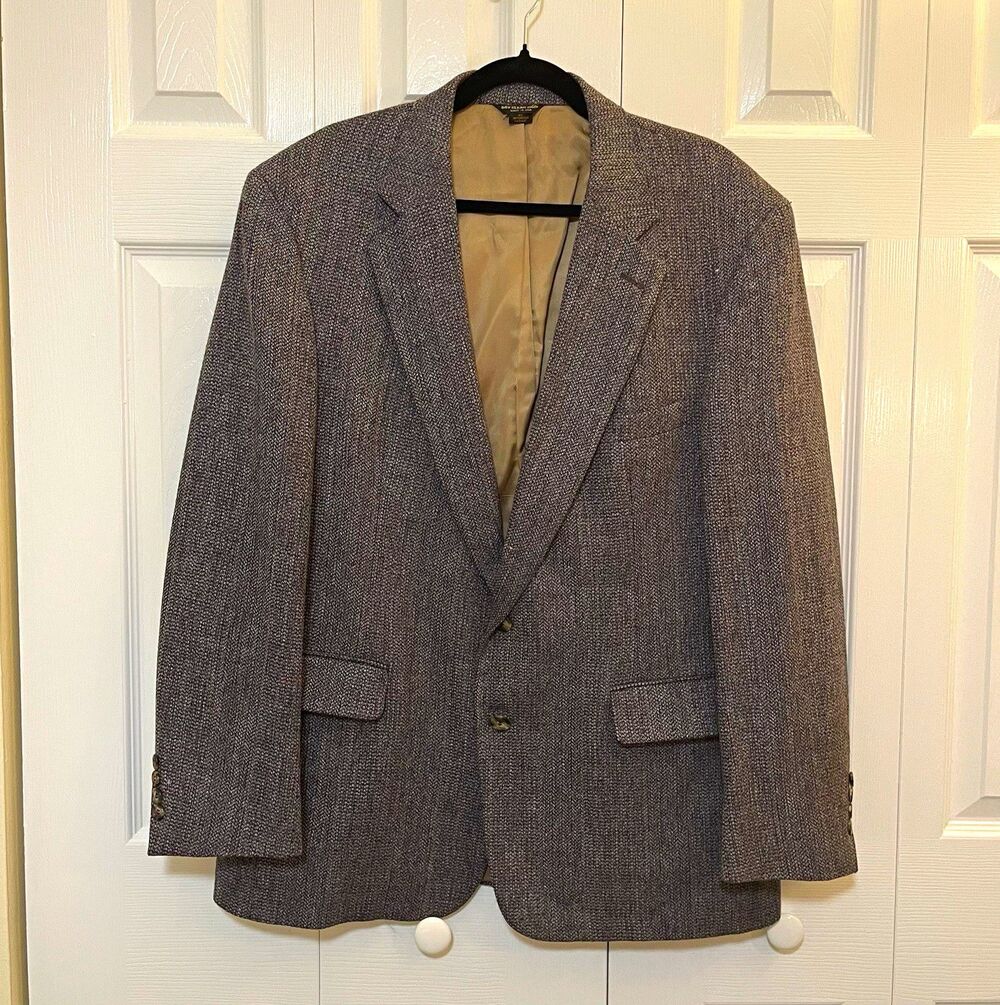 VTG Bill Blass Gray Tweed Herringbone Wool Jacket 44R USA Union Made